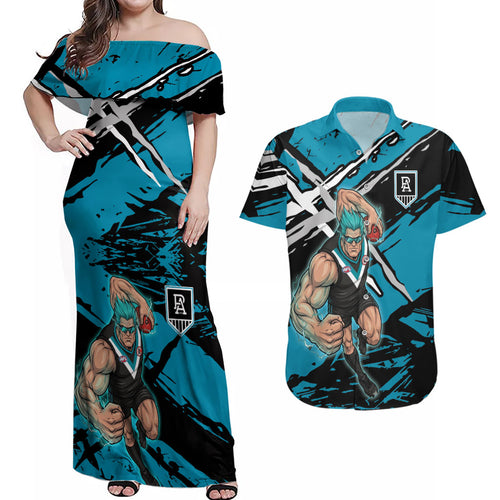 Port Adelaide Football Club Couples Matching Off Shoulder Maxi Dress and Hawaiian Shirt Power Muscular Mascot Graphic - Abstract Paint Splatter Art