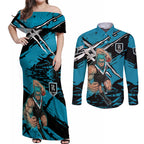 Port Adelaide Football Club Couples Matching Off Shoulder Maxi Dress and Long Sleeve Button Shirt Power Muscular Mascot Graphic - Abstract Paint Splatter Art