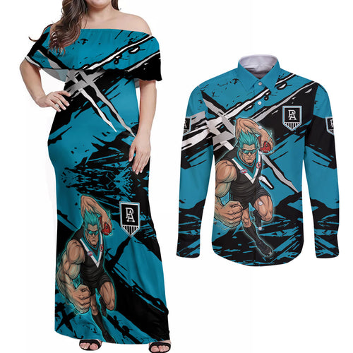 Port Adelaide Football Club Couples Matching Off Shoulder Maxi Dress and Long Sleeve Button Shirt Power Muscular Mascot Graphic - Abstract Paint Splatter Art