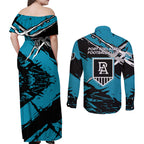 Port Adelaide Football Club Couples Matching Off Shoulder Maxi Dress and Long Sleeve Button Shirt Power Muscular Mascot Graphic - Abstract Paint Splatter Art