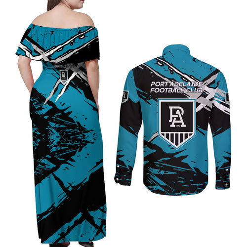 Port Adelaide Football Club Couples Matching Off Shoulder Maxi Dress and Long Sleeve Button Shirt Power Muscular Mascot Graphic - Abstract Paint Splatter Art