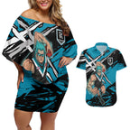 Port Adelaide Football Club Couples Matching Off Shoulder Short Dress and Hawaiian Shirt Power Muscular Mascot Graphic - Abstract Paint Splatter Art