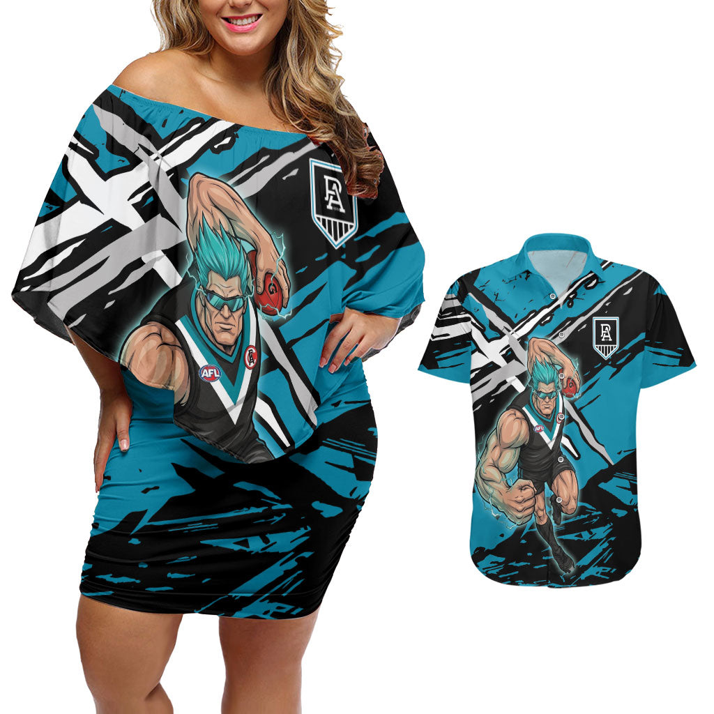 Port Adelaide Football Club Couples Matching Off Shoulder Short Dress and Hawaiian Shirt Power Muscular Mascot Graphic - Abstract Paint Splatter Art