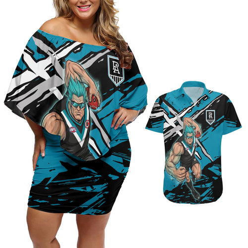 Port Adelaide Football Club Couples Matching Off Shoulder Short Dress and Hawaiian Shirt Power Muscular Mascot Graphic - Abstract Paint Splatter Art