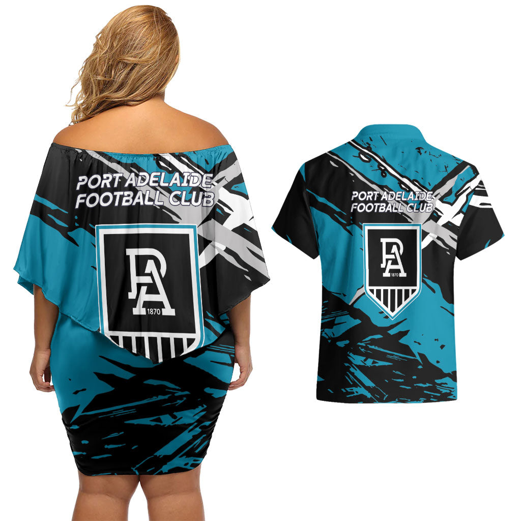 Port Adelaide Football Club Couples Matching Off Shoulder Short Dress and Hawaiian Shirt Power Muscular Mascot Graphic - Abstract Paint Splatter Art