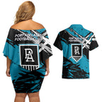 Port Adelaide Football Club Couples Matching Off Shoulder Short Dress and Hawaiian Shirt Power Muscular Mascot Graphic - Abstract Paint Splatter Art