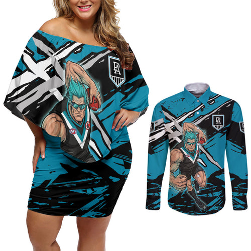 Port Adelaide Football Club Couples Matching Off Shoulder Short Dress and Long Sleeve Button Shirt Power Muscular Mascot Graphic - Abstract Paint Splatter Art
