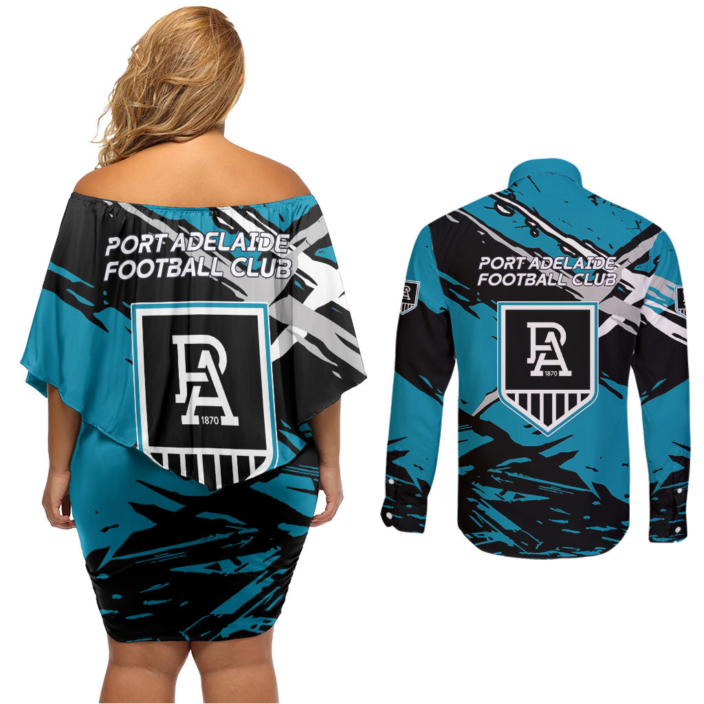Port Adelaide Football Club Couples Matching Off Shoulder Short Dress and Long Sleeve Button Shirt Power Muscular Mascot Graphic - Abstract Paint Splatter Art