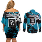 Port Adelaide Football Club Couples Matching Off Shoulder Short Dress and Long Sleeve Button Shirt Power Muscular Mascot Graphic - Abstract Paint Splatter Art