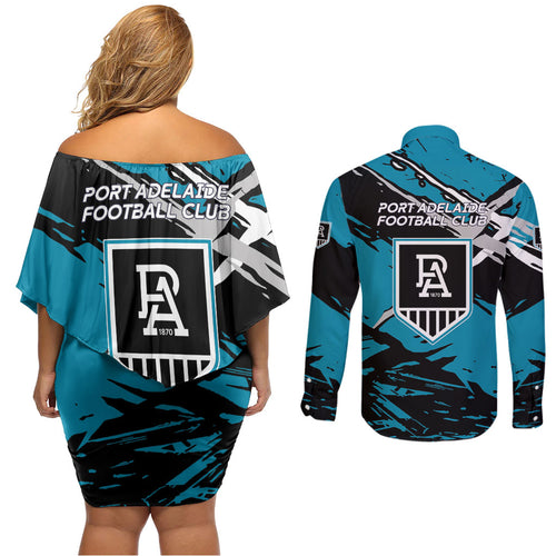 Port Adelaide Football Club Couples Matching Off Shoulder Short Dress and Long Sleeve Button Shirt Power Muscular Mascot Graphic - Abstract Paint Splatter Art
