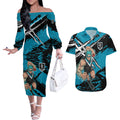 Port Adelaide Football Club Couples Matching Off The Shoulder Long Sleeve Dress and Hawaiian Shirt Power Muscular Mascot Graphic - Abstract Paint Splatter Art