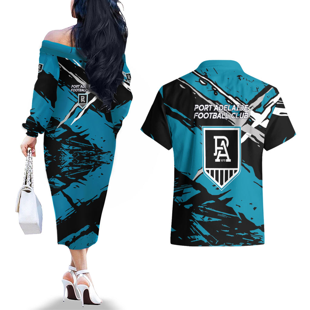 Port Adelaide Football Club Couples Matching Off The Shoulder Long Sleeve Dress and Hawaiian Shirt Power Muscular Mascot Graphic - Abstract Paint Splatter Art