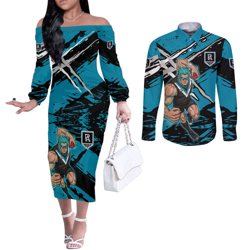 Port Adelaide Football Club Couples Matching Off The Shoulder Long Sleeve Dress and Long Sleeve Button Shirt Power Muscular Mascot Graphic - Abstract Paint Splatter Art