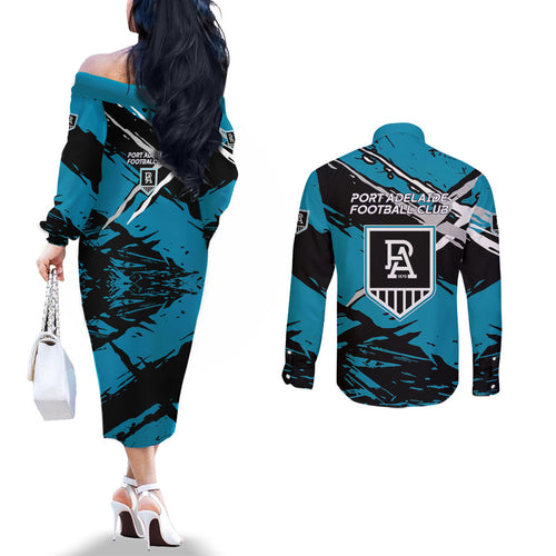 Port Adelaide Football Club Couples Matching Off The Shoulder Long Sleeve Dress and Long Sleeve Button Shirt Power Muscular Mascot Graphic - Abstract Paint Splatter Art