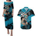 Port Adelaide Football Club Couples Matching Puletasi and Hawaiian Shirt Power Muscular Mascot Graphic - Abstract Paint Splatter Art
