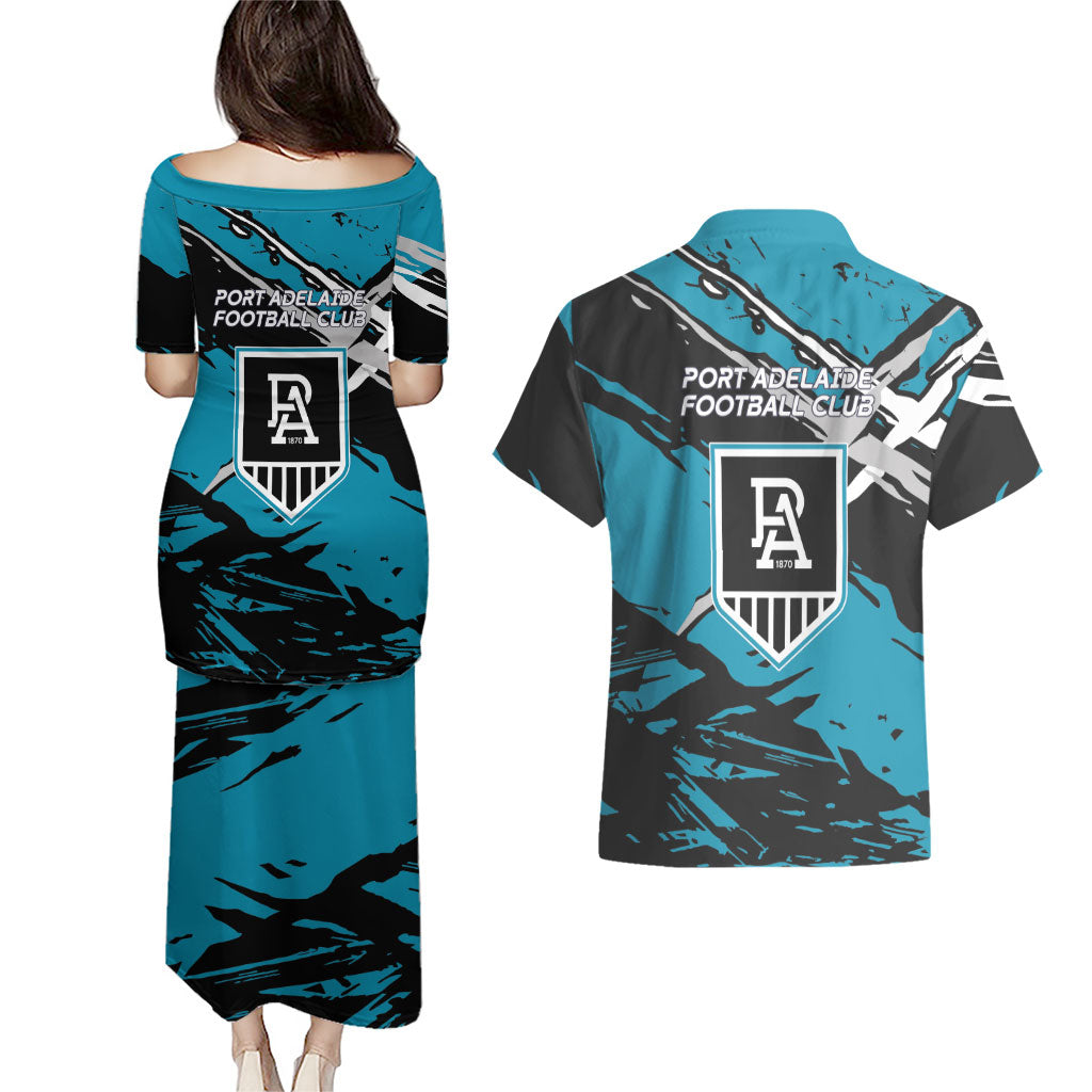Port Adelaide Football Club Couples Matching Puletasi and Hawaiian Shirt Power Muscular Mascot Graphic - Abstract Paint Splatter Art