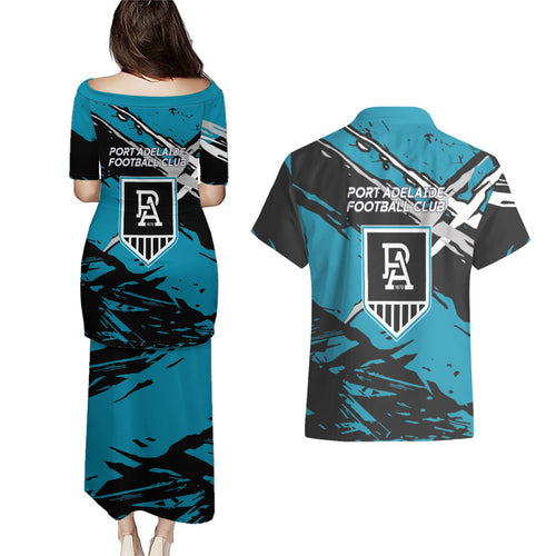 Port Adelaide Football Club Couples Matching Puletasi and Hawaiian Shirt Power Muscular Mascot Graphic - Abstract Paint Splatter Art