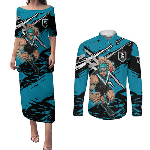 Port Adelaide Football Club Couples Matching Puletasi and Long Sleeve Button Shirt Power Muscular Mascot Graphic - Abstract Paint Splatter Art