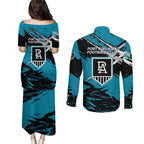 Port Adelaide Football Club Couples Matching Puletasi and Long Sleeve Button Shirt Power Muscular Mascot Graphic - Abstract Paint Splatter Art
