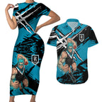 Port Adelaide Football Club Couples Matching Short Sleeve Bodycon Dress and Hawaiian Shirt Power Muscular Mascot Graphic - Abstract Paint Splatter Art
