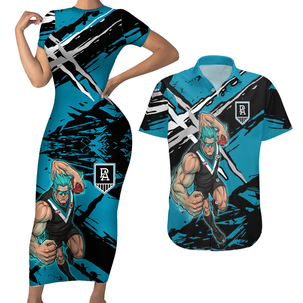 Port Adelaide Football Club Couples Matching Short Sleeve Bodycon Dress and Hawaiian Shirt Power Muscular Mascot Graphic - Abstract Paint Splatter Art