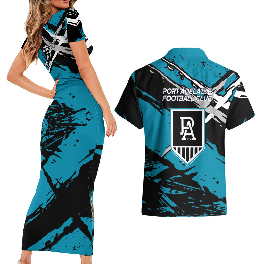 Port Adelaide Football Club Couples Matching Short Sleeve Bodycon Dress and Hawaiian Shirt Power Muscular Mascot Graphic - Abstract Paint Splatter Art