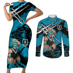 Port Adelaide Football Club Couples Matching Short Sleeve Bodycon Dress and Long Sleeve Button Shirt Power Muscular Mascot Graphic - Abstract Paint Splatter Art