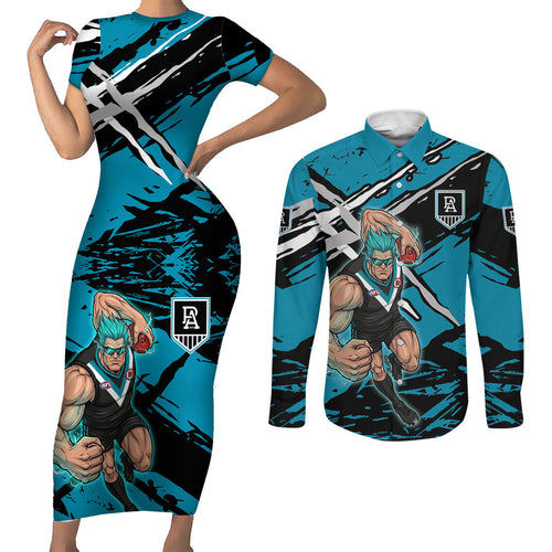 Port Adelaide Football Club Couples Matching Short Sleeve Bodycon Dress and Long Sleeve Button Shirt Power Muscular Mascot Graphic - Abstract Paint Splatter Art