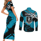 Port Adelaide Football Club Couples Matching Short Sleeve Bodycon Dress and Long Sleeve Button Shirt Power Muscular Mascot Graphic - Abstract Paint Splatter Art