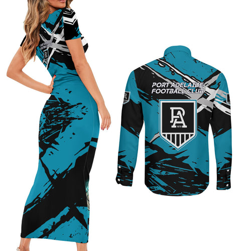 Port Adelaide Football Club Couples Matching Short Sleeve Bodycon Dress and Long Sleeve Button Shirt Power Muscular Mascot Graphic - Abstract Paint Splatter Art