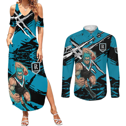 Port Adelaide Football Club Couples Matching Summer Maxi Dress and Long Sleeve Button Shirt Power Muscular Mascot Graphic - Abstract Paint Splatter Art