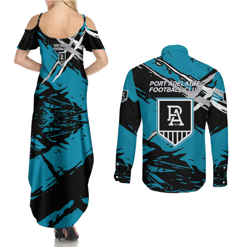 Port Adelaide Football Club Couples Matching Summer Maxi Dress and Long Sleeve Button Shirt Power Muscular Mascot Graphic - Abstract Paint Splatter Art