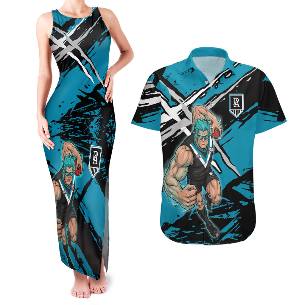 Port Adelaide Football Club Couples Matching Tank Maxi Dress and Hawaiian Shirt Power Muscular Mascot Graphic - Abstract Paint Splatter Art