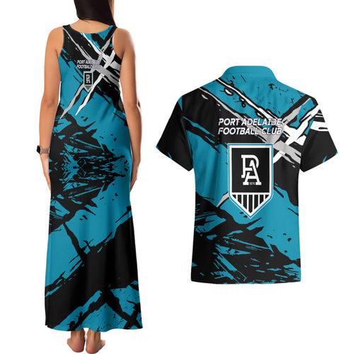 Port Adelaide Football Club Couples Matching Tank Maxi Dress and Hawaiian Shirt Power Muscular Mascot Graphic - Abstract Paint Splatter Art