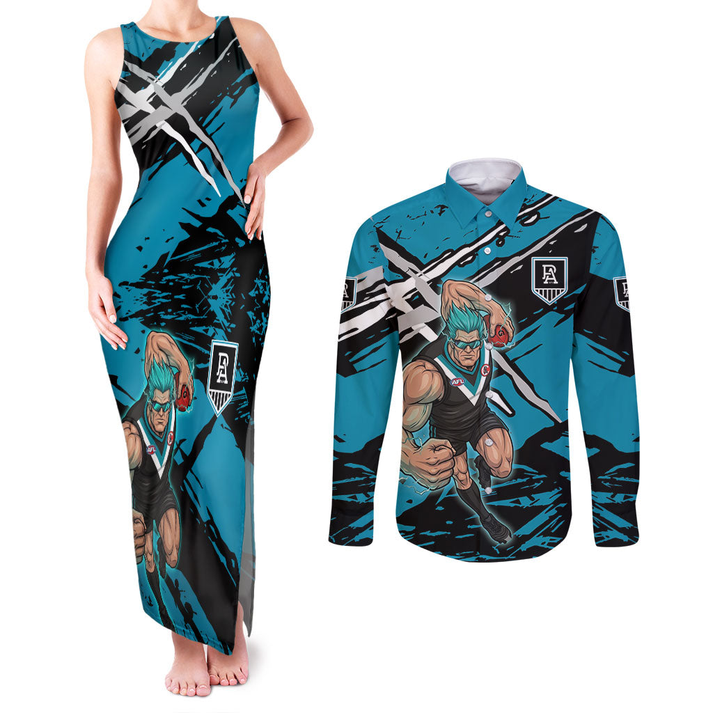 Port Adelaide Football Club Couples Matching Tank Maxi Dress and Long Sleeve Button Shirt Power Muscular Mascot Graphic - Abstract Paint Splatter Art