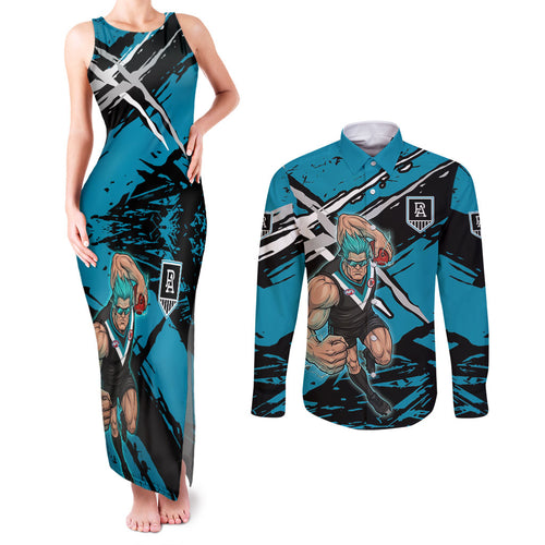 Port Adelaide Football Club Couples Matching Tank Maxi Dress and Long Sleeve Button Shirt Power Muscular Mascot Graphic - Abstract Paint Splatter Art