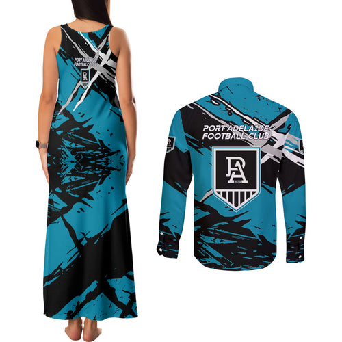 Port Adelaide Football Club Couples Matching Tank Maxi Dress and Long Sleeve Button Shirt Power Muscular Mascot Graphic - Abstract Paint Splatter Art