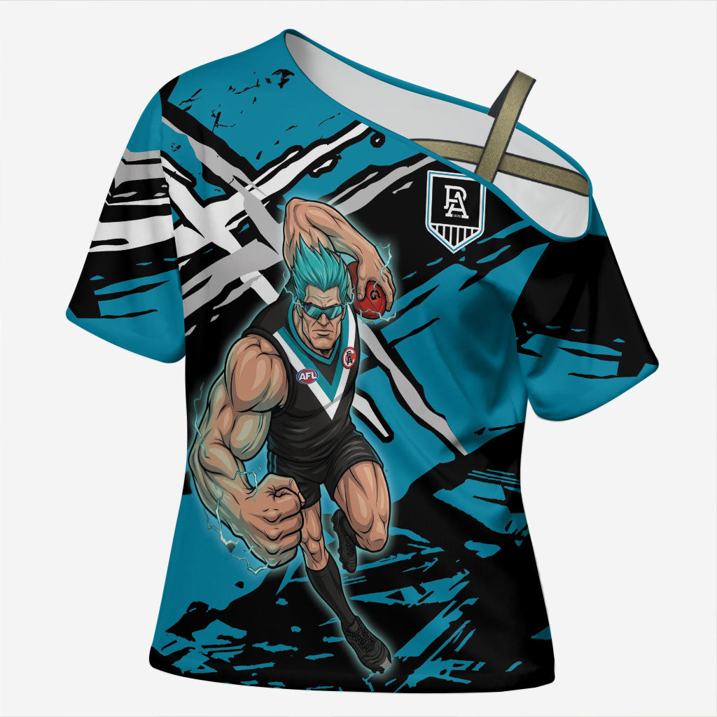 Port Adelaide Football Club Cross Shoulder Shirt Power Muscular Mascot Graphic - Abstract Paint Splatter Art
