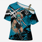 Port Adelaide Football Club Cross Shoulder Shirt Power Muscular Mascot Graphic - Abstract Paint Splatter Art