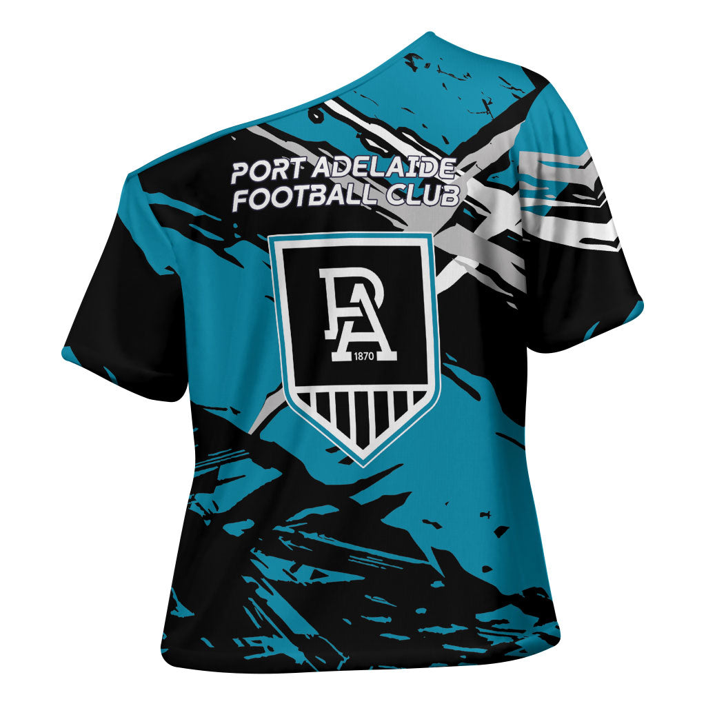Port Adelaide Football Club Cross Shoulder Shirt Power Muscular Mascot Graphic - Abstract Paint Splatter Art