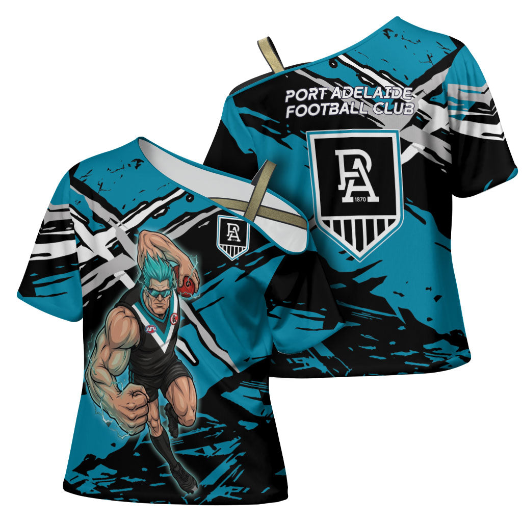 Port Adelaide Football Club Cross Shoulder Shirt Power Muscular Mascot Graphic - Abstract Paint Splatter Art