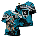 Port Adelaide Football Club Cross Shoulder Shirt Power Muscular Mascot Graphic - Abstract Paint Splatter Art
