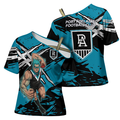 Port Adelaide Football Club Cross Shoulder Shirt Power Muscular Mascot Graphic - Abstract Paint Splatter Art