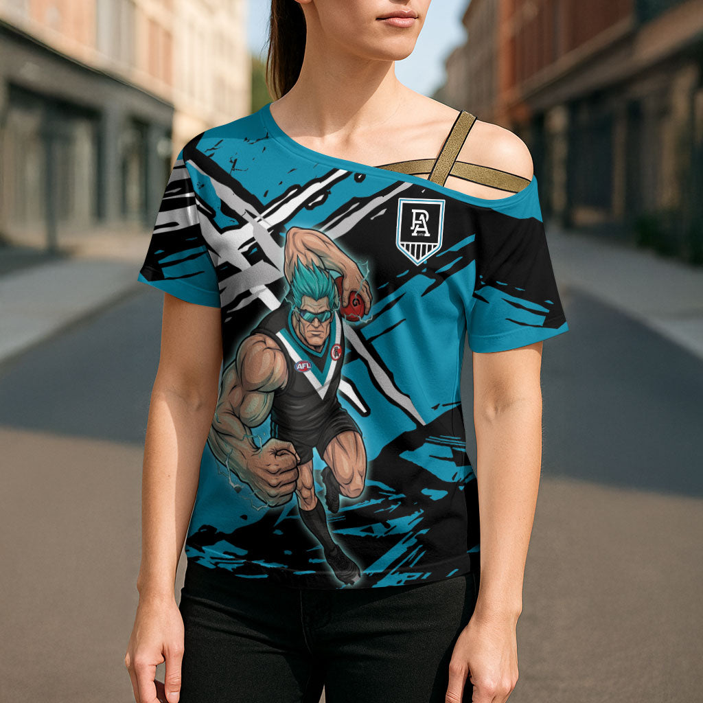 Port Adelaide Football Club Cross Shoulder Shirt Power Muscular Mascot Graphic - Abstract Paint Splatter Art