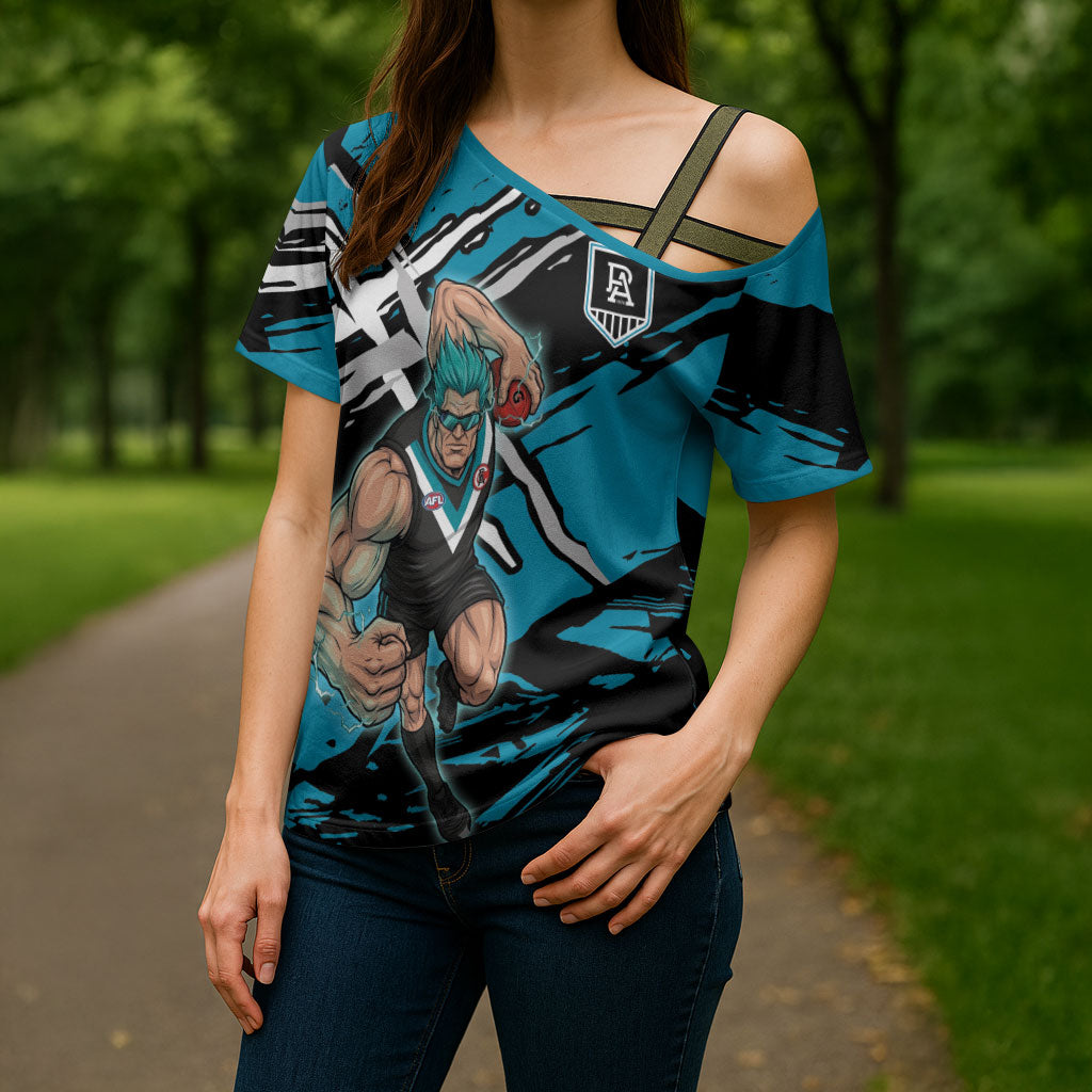 Port Adelaide Football Club Cross Shoulder Shirt Power Muscular Mascot Graphic - Abstract Paint Splatter Art