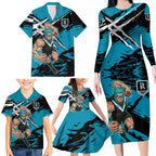 Port Adelaide Football Club Family Matching Long Sleeve Bodycon Dress and Hawaiian Shirt Power Muscular Mascot Graphic - Abstract Paint Splatter Art