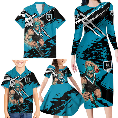 Port Adelaide Football Club Family Matching Long Sleeve Bodycon Dress and Hawaiian Shirt Power Muscular Mascot Graphic - Abstract Paint Splatter Art