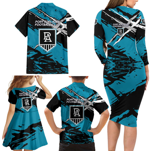 Port Adelaide Football Club Family Matching Long Sleeve Bodycon Dress and Hawaiian Shirt Power Muscular Mascot Graphic - Abstract Paint Splatter Art