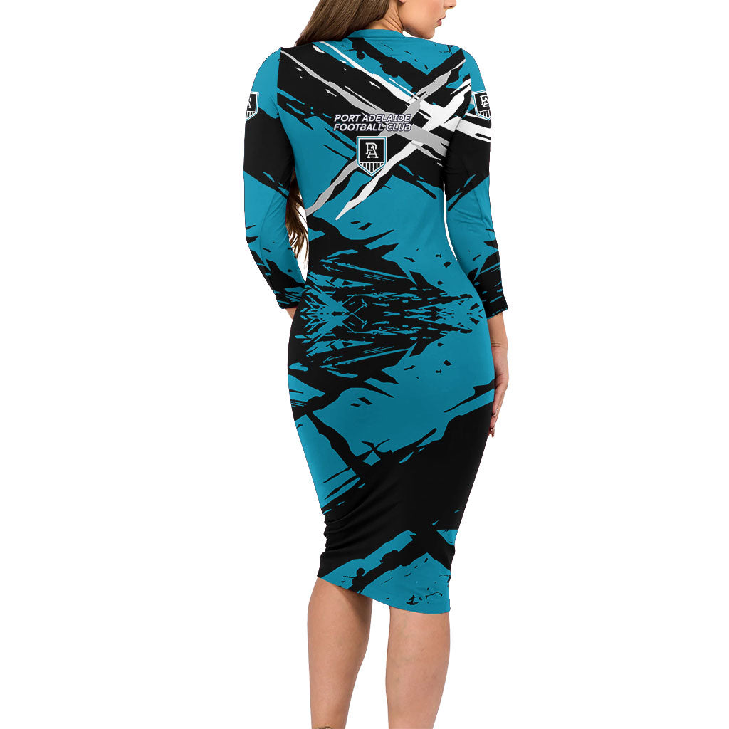 Port Adelaide Football Club Family Matching Long Sleeve Bodycon Dress and Hawaiian Shirt Power Muscular Mascot Graphic - Abstract Paint Splatter Art