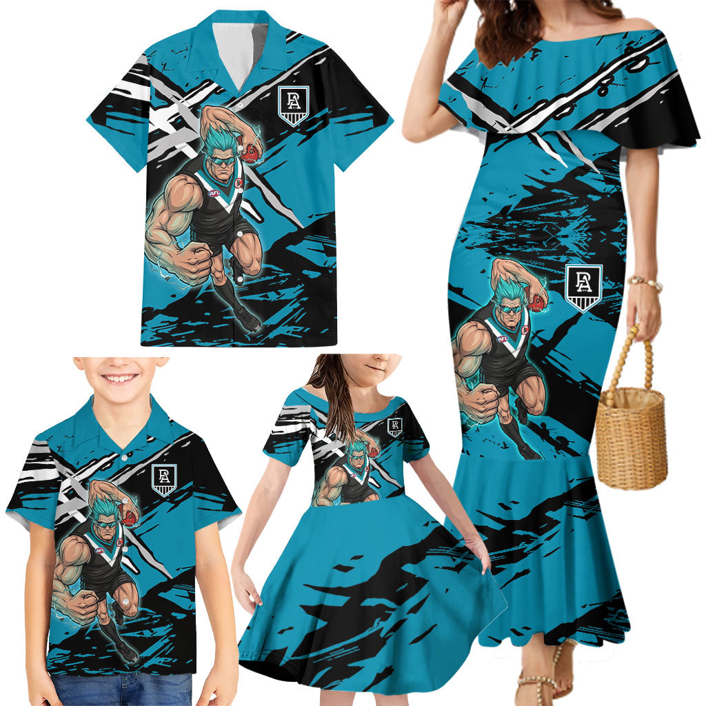 Port Adelaide Football Club Family Matching Mermaid Dress and Hawaiian Shirt Power Muscular Mascot Graphic - Abstract Paint Splatter Art